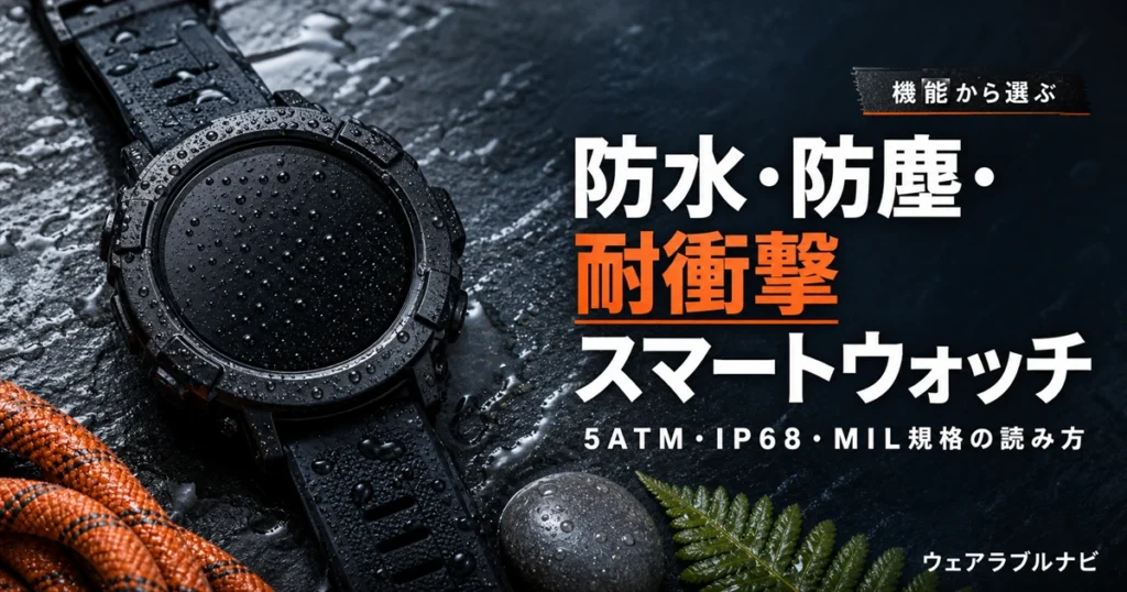 防水・防塵・耐衝撃で選ぶタフなスマートウォッチと5ATM・IP68・MIL規格の読み方を解説する記事のアイキャッチ画像